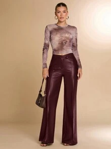 SHEIN BAE Brown PU Leather Pants, Asymmetrical Waistline Wide Leg Pants, Elegant Women Palazzo Trousers For Casual Outing, Club Wear, Chocolate - Burgundy - View 6