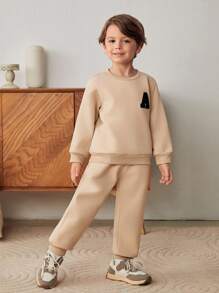 Cozy Pixies 2 件装小男孩恐龙印花柔软针织圆领套头连帽衫和抽绳裤套装