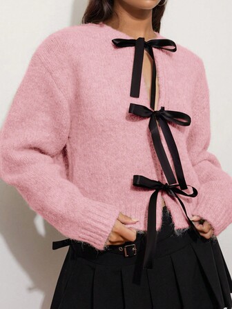 女式纯色落肩长袖前系带开衫，秋冬款