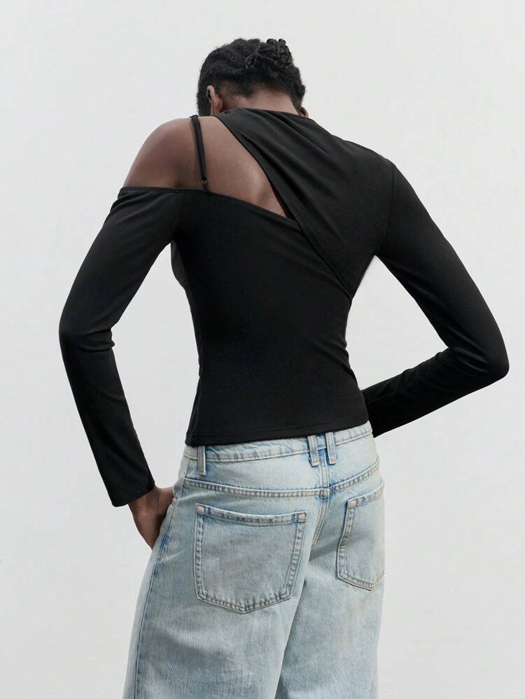 SHEIN Maija 여성 블랙 비대칭 넥 개더 조절 스트랩 숄더 스트랩 긴팔 캐주얼 핏 티셔츠 탑, 초봄 패션
