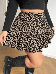 SHEIN EZwear 大码女式豹纹短裙，内置短裤和手机口袋，短裙 - 彩色 - 查看 1