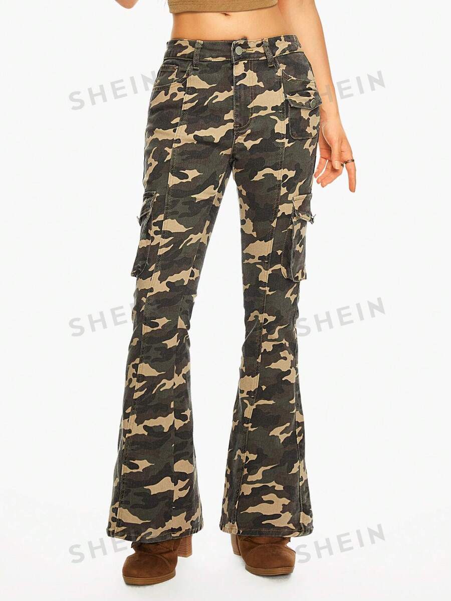 ROMWE J-Fashion Jeans de mujer con estilo Y2K Harajuku, de tiro bajo y con bolsillos tipo cargo en camuflaje - Marrón - Ver 1