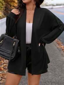 EMERY ROSE 大码冬季宽松罗纹条纹针织开衫，适合外出、度假、工作装和居家 - 黑色 - 查看 4