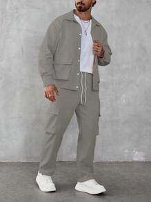 Manfinity Homme 2pcs Men Solid Front Button Pocket Long Sleeve Jacket & Drawstring Waist Long Pants Casual Suit - Grey - View 1