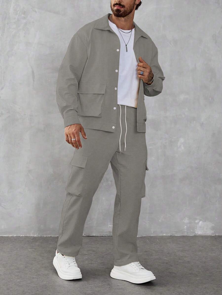 Manfinity Homme 2pcs Men Solid Front Button Pocket Long Sleeve Jacket & Drawstring Waist Long Pants Casual Suit - Grey - View 1