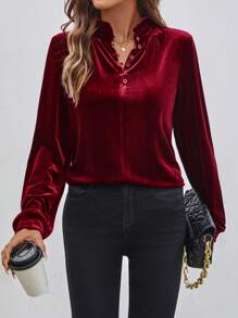 SHEIN LUNE Chemise élégante à col montant et manches bouffantes unicolore, automne
