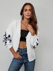 SHEIN LUNE 女士花卉图案落肩长袖休闲宽松开衫，秋冬