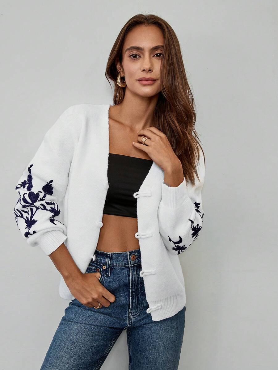 SHEIN LUNE 女士花卉图案落肩长袖休闲宽松开衫，秋冬