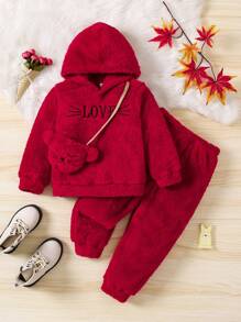 Young Girl 3pcs Set Casual Cute Letter & Animal Embroidered Fleece Hoodie, Pants And Crossbody Bag Outfit, Suitable For Autumn/Winter - Red - View 1