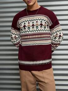 RueChic Men Geometrical Pattern Crew Neck Regular Sweater - Burgundy - View 4