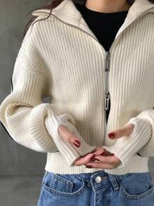 FRIFUL Áo khoác cardigan dáng rộng cổ cao, khóa kéo phía trước, đơn sắc, thời trang thu/đông, tay dài, quần áo nữ mùa thu - Màu be - Xem 5