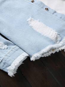 Manfinity Homme 男士长袖破洞毛边双口袋牛仔衬衫上衣（不含T恤），秋季款