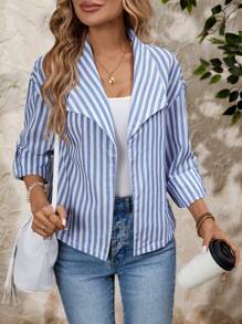 EMERY ROSE Women's Casual Contrast Striped Roll-Up Sleeve Jacket, Autumn - Multicolor - View 5