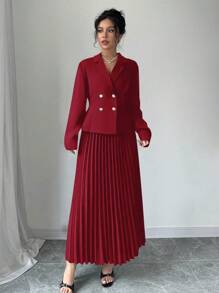 Elenzga 2 件套黑色长袖翻领双排扣西装套装带褶裙女士新年衣服