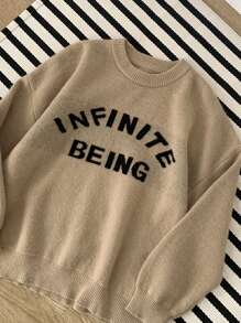 DAZY Colorblock Letter Print Round Neck Long Sleeve Loose Women Sweater - Khaki - View 8