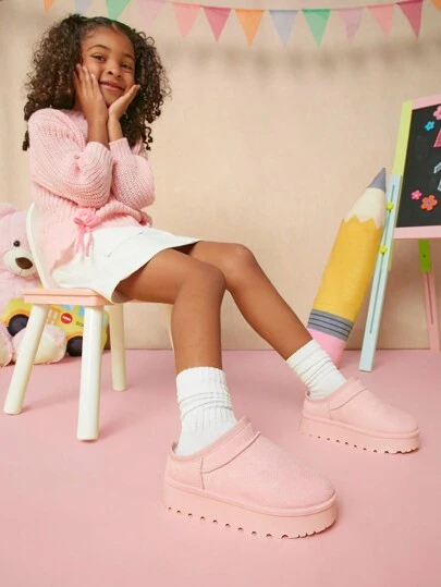 Mini mi 畅销儿童冬季粉色厚底拖鞋 - 舒适穆勒厚底木屐，舒适