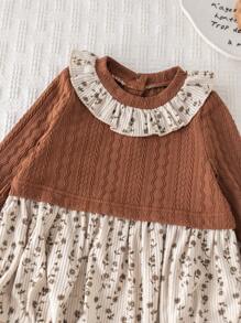 Cozy Pixies Baby Girl Ditsy Floral Color Block Round Neck Ruffle Trim Long Sleeve Bodysuit - Multicolor - View 3