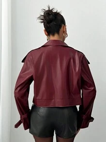 SHEIN SXY Autumn Winter Retro Burgundy PU Leather Jacket, Street Style - Red - View 2