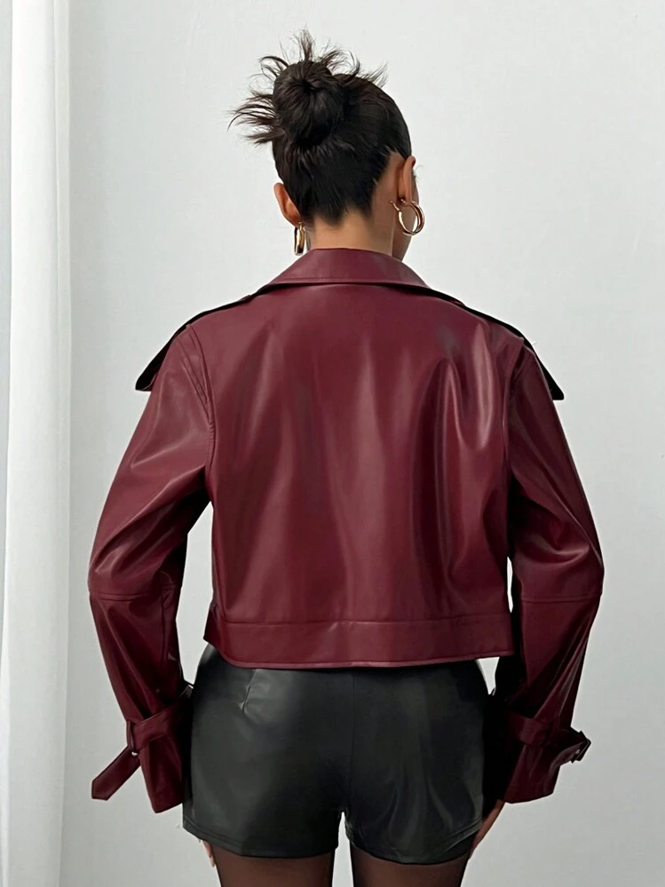 SHEIN SXY Autumn Winter Retro Burgundy PU Leather Jacket, Street