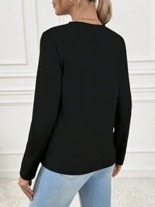 SHEIN 孕妇休闲 3D 花卉装饰长袖 T 恤，秋季，孕妇装 - 黑色 - 查看 2