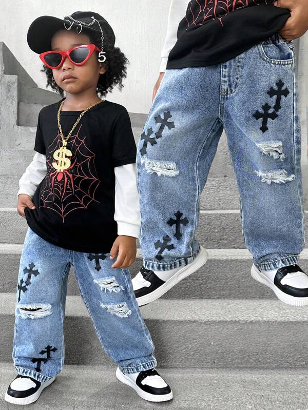 Young Boy Comfy Casual Printed Straight Leg Non-Stretch Denim Jeans, Thin Fabric For All Seasons