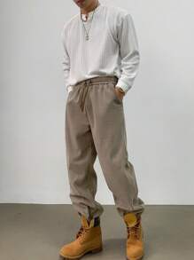 DAZY Pantalon décontracté à taille coulissante avec poches, coupe fuselée, couleur unie. Pantalons de jogging pour hommes, automne - Kaki - Voir 4