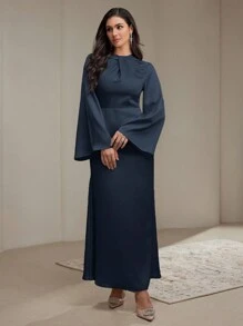 1 chiếc váy dài tay kiểu Ả Rập thanh lịch màu trơn chi tiết xoắn dành cho nữ, mùa thu - Màu xanh lam - Xem 1