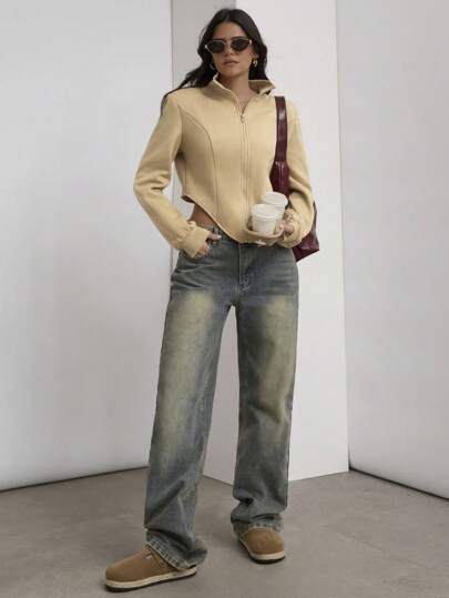 COSMINA Sudadera de mujer de unicolor y casual con cuello alto y dobladillo asimétrico, otoño/invierno