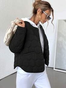 EMERY ROSE Fashionable Casual Solid Color Geometric Pattern Round Neck Pocket Padded Padded Coat Clothes Winter  Fall Cloth For Women - Black - View 2