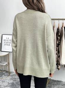 SHEIN LUNE Women's Casual V-Neck Loose Knit Sweater, Plain Color, Suitable For Autumn/Winter - Khaki - View 2