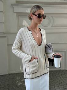 Damski głęboki dekolt w serek, kieszeń z przodu, ręcznie szyty, fajny sweter Czy