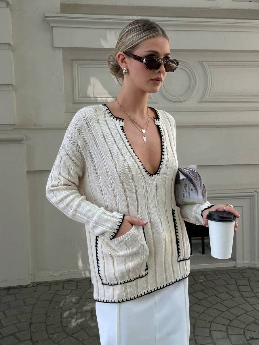 Damski głęboki dekolt w serek, kieszeń z przodu, ręcznie szyty, fajny sweter Czy