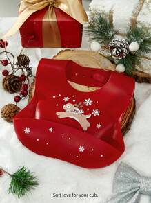 Cozy Pixies 3pcs/Set Christmas Reindeer & Snowflake Baby Silicone Bib, Placemat, Spoon, Waterproof & Stain-Resistant, For Infant Feeding, For Gift - Red - View 3