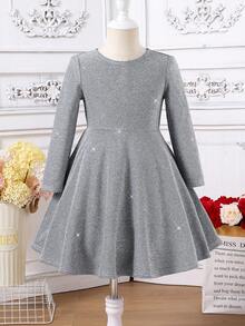 SHEIN 年轻女孩 1 件复古可爱时尚优雅后背撞色蝴蝶结装饰闪亮亮片面料连衣裙，休闲简约优雅，婚礼季节，淑女绅士，秋冬，圣诞节，派对装，日常装，生日礼服，公主裙，妈妈和女儿和姐妹搭配 - 彩色 - 查看 7