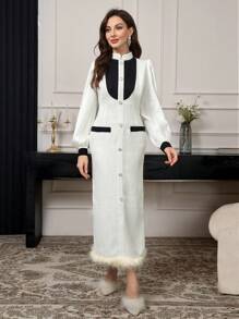 Modelyn 女士迷人优雅拼色毛边灯笼袖紧身连衣裙长款晚礼服 - 白色 - 查看 8