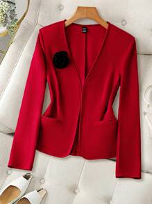 SHEIN LUNE Nuevo abrigo tipo blazer con bolsillos y flor 3D extraíble en color negro para mujeres, temporada otoño/invierno 2024