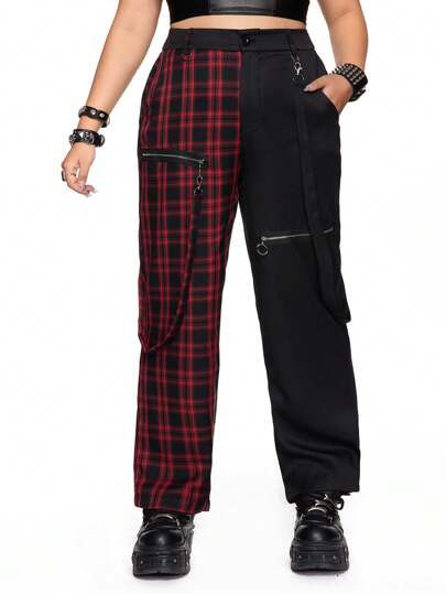 Grunge Punk Pantalones anchos con cremallera, decorados con un diseño a cuadros en contraste de negro y blanco, para tallas grandes