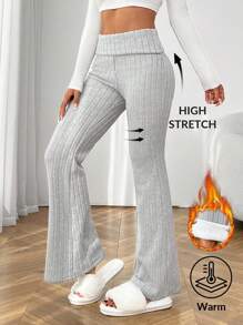 SHEIN PETITE 复合绒宽腰紧身弹力女士打底喇叭裤秋冬季保暖 - 灰色 - 查看 1