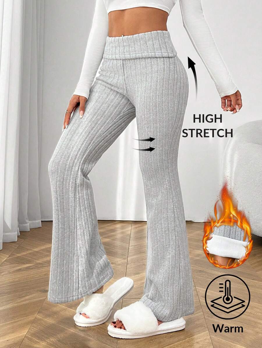 SHEIN PETITE 复合绒宽腰紧身弹力女士打底喇叭裤秋冬季保暖 - 灰色 - 查看 1