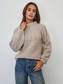 Giddy West Giddy West 1pc Women Casual Everyday Solid Color Round Neck Loose Knit Sweater, Autumn/Winter, Knit Pullover Fall - Apricot - View 1