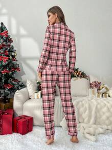 Plaid Print Contrast Piping PJ Set / Pajama Set - Multicolor - View 2