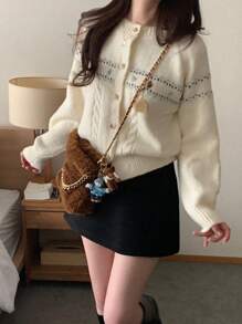 DAZY 女士休闲日常穿着前扣纹理针织插肩袖开衫，秋冬，长袖上衣，秋季女装 - 杏色 - 查看 10