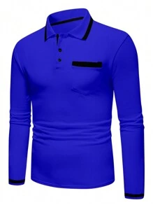 Manfinity Homme 男士休閒拼色長袖 Polo 衫，秋季，藍色襯衫，皇家男士，秋季棉質，正式 - 寶藍色 - 查看 3