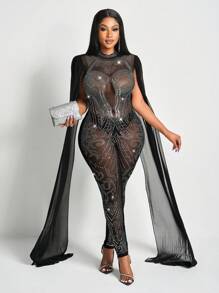 Slaydiva Neue sexy und wunderschöne Jumpsuit für Damen mit kleinem Stehkragen, ärmelos, komplett mit Strass, Cape, körperbetonter Passform, mesh-durchsichtig - Schwarz - Übersicht 8