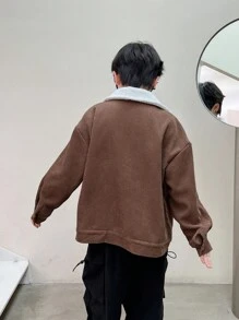 SHEIN 1 chiếc áo khoác nhung kẻ dáng rộng thoải mái và thời trang cho bé trai tuổi mới lớn, phù hợp với phong cách Bomber, Varsity, Y2K, mặc hàng ngày, đi học, du lịch, thể thao, thu/đông - màu nâu - Xem 2