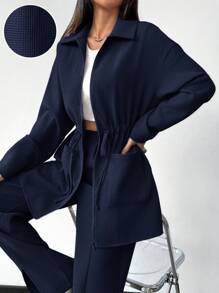 Mulvari 女士纯色拉链夹克，带口袋和裤子，休闲两件套