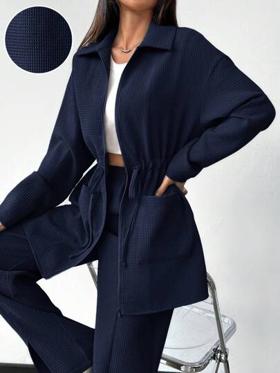 Mulvari 女士纯色拉链夹克，带口袋和裤子，休闲两件套