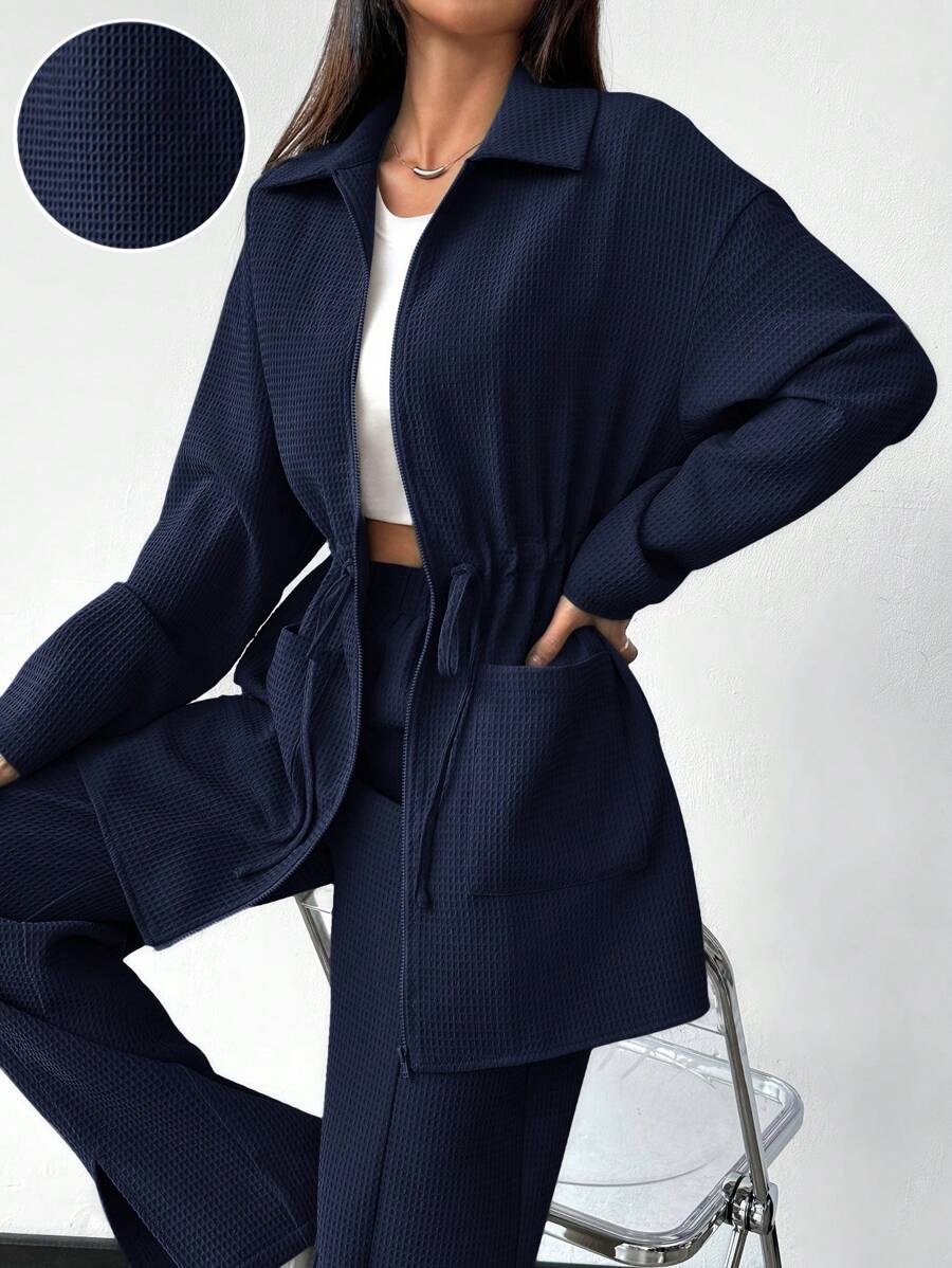 Mulvari 女士纯色拉链夹克，带口袋和裤子，休闲两件套