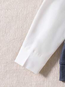 SHEIN Bộ áo thun dài tay cổ bẻ xếp lớp họa tiết hình học và màu trơn cho bé gái đại học kết hợp chân váy xếp ly màu trơn - Màu xanh lam - Xem 4