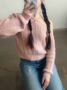 DAZY 1件女款大尺寸斜肩寬鬆羅紋針織毛衣，秋季校園穿搭服飾 - 粉色 - 查看 3